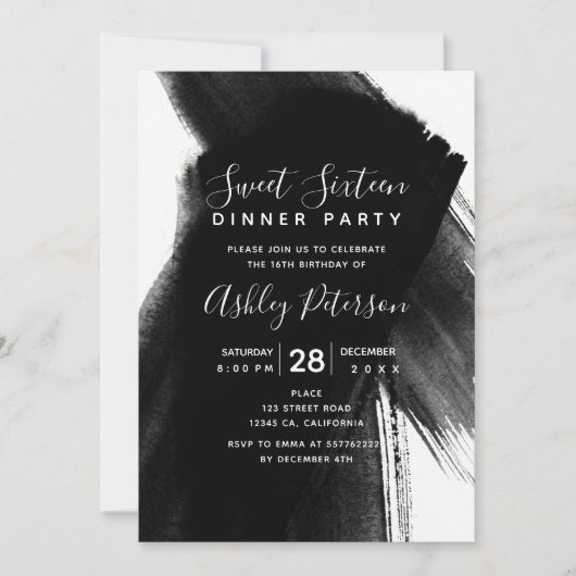 白黒ブラシストロークタイポグラフィスウィート16 招待状 (正面)