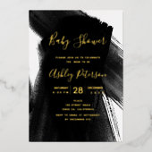 白黒ブラシストロークタイポグラフィベビースシャワー 箔招待状 (正面)