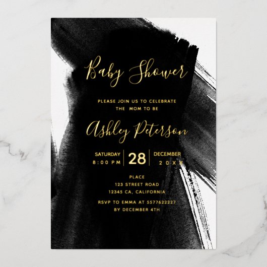 白黒ブラシストロークタイポグラフィベビースシャワー 箔招待状 (正面)