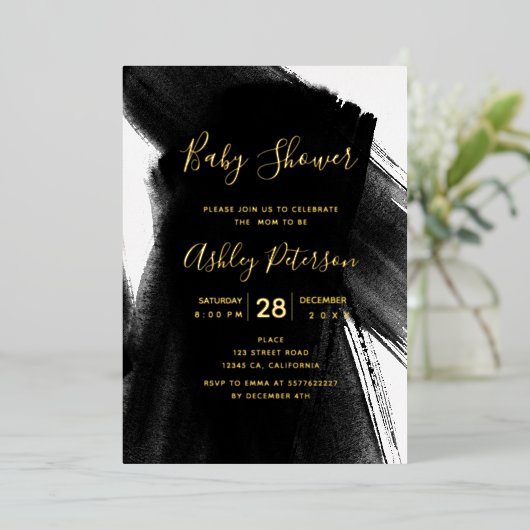 白黒ブラシストロークタイポグラフィベビースシャワー 箔招待状 (立ち正面)