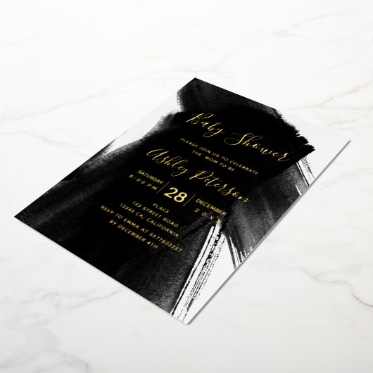 白黒ブラシストロークタイポグラフィベビースシャワー 箔招待状 (回転した状態)