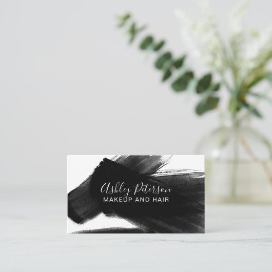 白黒ブラッシュストロークのヘアメイクアップタイポグラフィ 名刺 (スタンド正面)