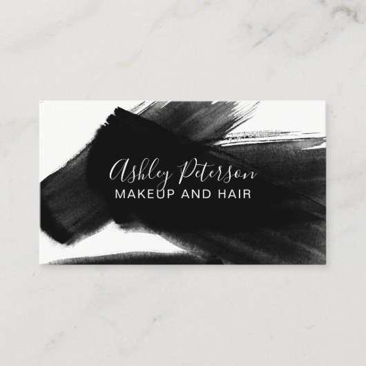 白黒ブラッシュストロークのヘアメイクアップタイポグラフィ 名刺 (正面)