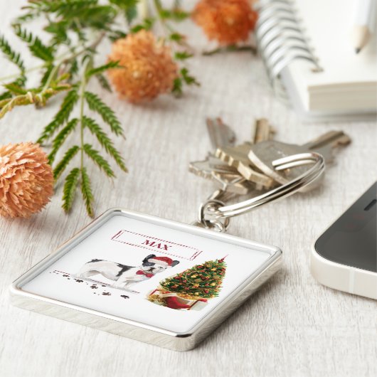 白黒ブルドッグフランスのクリスマスドッグ キーホルダー (側面)