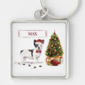 白黒ブルドッグフランスのクリスマスドッグ キーホルダー (正面)