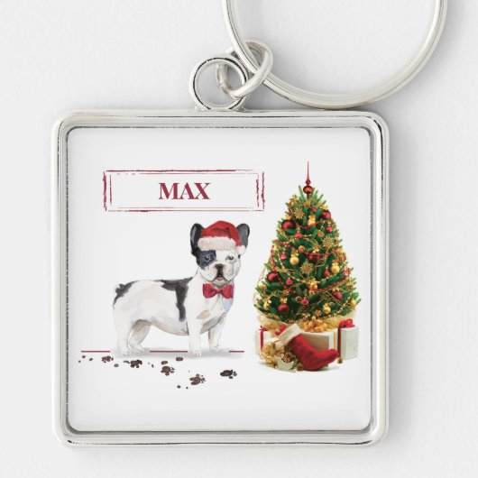 白黒ブルドッグフランスのクリスマスドッグ キーホルダー (正面)
