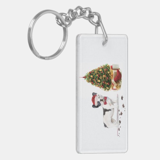 白黒ブルドッグフランスのクリスマスドッグ キーホルダー (正面左)