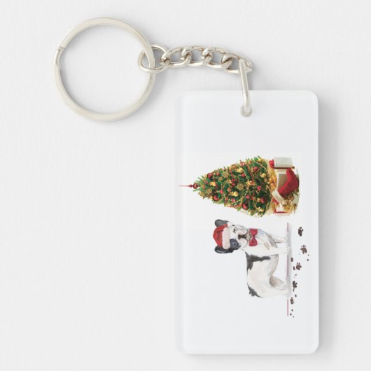 白黒ブルドッグフランスのクリスマスドッグ キーホルダー (正面)