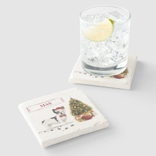 白黒ブルドッグフランスのクリスマスドッグ ストーンコースター (横)