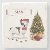 白黒ブルドッグフランスのクリスマスドッグ ストーンコースター (正面)