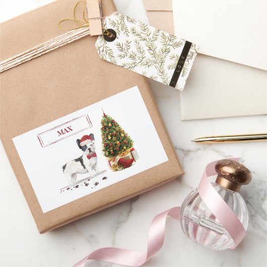 白黒ブルドッグフランスのクリスマスドッグ 長方形シール (ギフト)