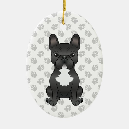 白黒ブルドッグフランスの漫画の犬と文字 セラミックオーナメント (正面)