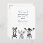 白黒ブルースクリプトファーム誕生日招待状 インビテーションポストカード (正面/裏面)