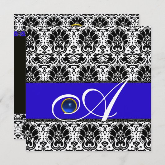 白黒ブルーダマスクモノグラムサファイア金ゴールド 招待状 (正面/裏面)