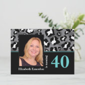 白黒ブルーヒョウ印刷40th誕生日の写真 招待状 (スタンド正面)