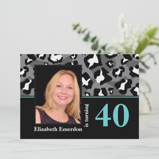白黒ブルーヒョウ印刷40th誕生日の写真 招待状 (スタンド正面)