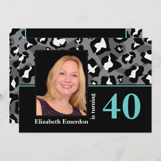 白黒ブルーヒョウ印刷40th誕生日の写真 招待状 (正面/裏面)