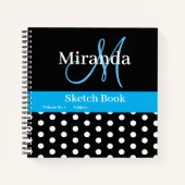 白黒ブルーモノグラム水玉模様スケッチ ノートブック (正面)