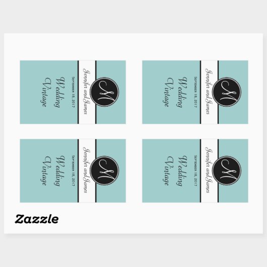 白黒ブルーモノグラム結婚のワインラベル 長方形シール (シート)