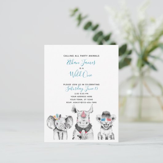 白黒ブルーワイルドワンボーイズバースデーパーティー インビテーションポストカード (スタンド正面)