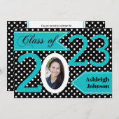 白黒ブルー水玉模様写真卒業招待状 招待状 (正面/裏面)