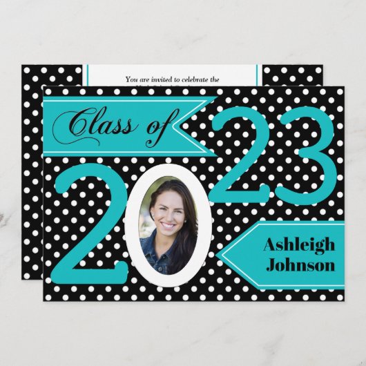 白黒ブルー水玉模様写真卒業招待状 招待状 (正面/裏面)