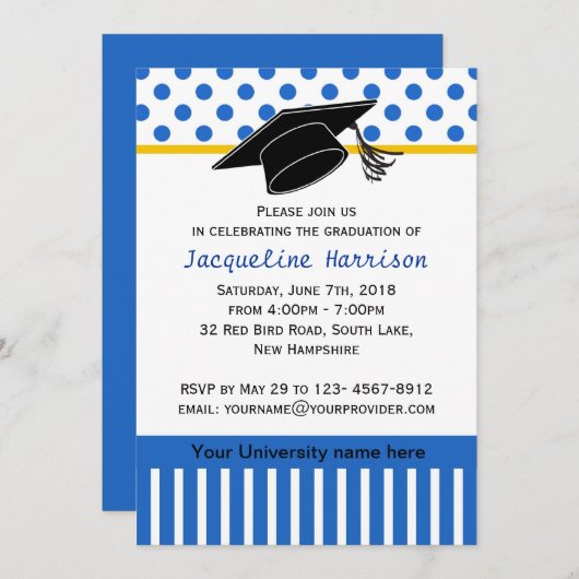 白黒ブルー水玉模様卒業パーティー 招待状 (正面/裏面)