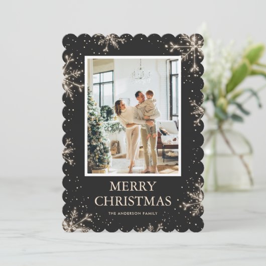 白黒プレイドスノーフレーク写真メリークリスマス シーズンカード (スタンド正面)