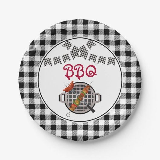 白黒プレイドバンティングバナーBBQパーティー ペーパープレート (正面)