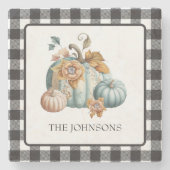 白黒プレイドブルーグリーンパンプキン ストーンコースター (正面)