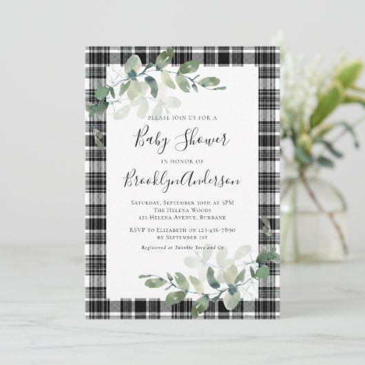 白黒プレイドユーカリプタスベイビーシャワー 招待状 (スタンド正面)