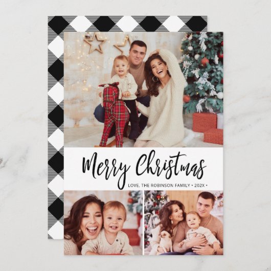 白黒プレイド3フォトコラージクリスマスカード シーズンカード (正面/裏面)