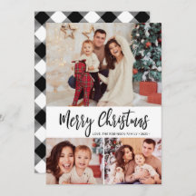 白黒プレイド3フォトコラージクリスマスカード