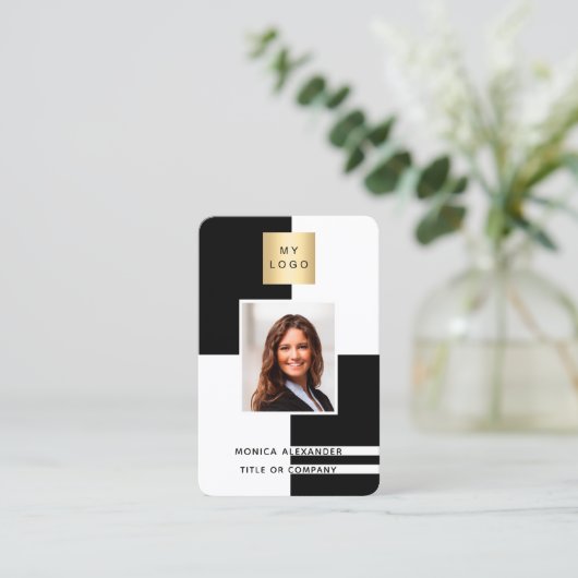 白黒プロフィール企業の写真ロゴQRコード 名刺 (スタンド正面)