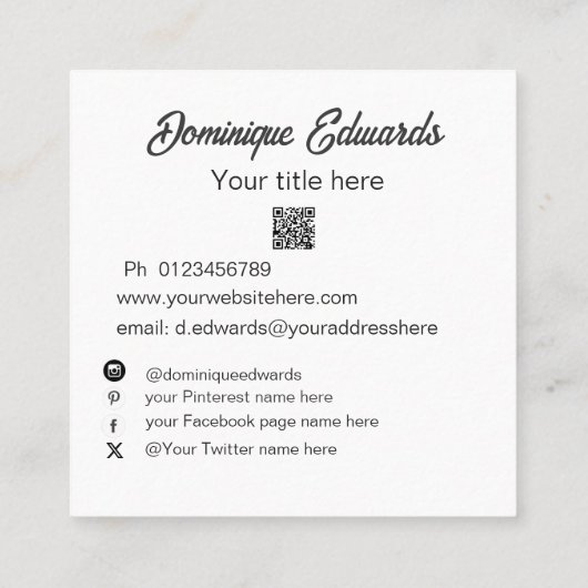 白黒プロフェッショナルフォトソーシャルメディア スクエア名刺 (裏面)