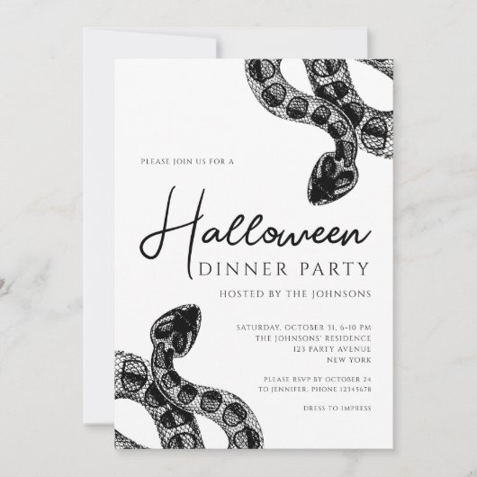 白黒ヘビのディナーパーティーハロウィーン 招待状 (正面)