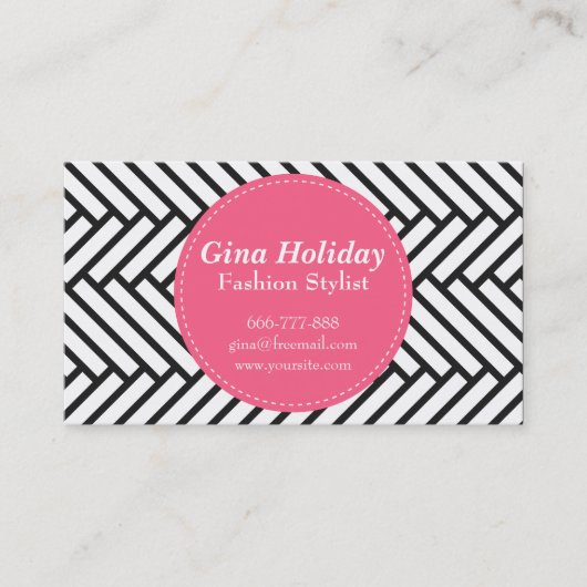 白黒ヘリンボンのはっきりしたなピンクの円 名刺 (正面)