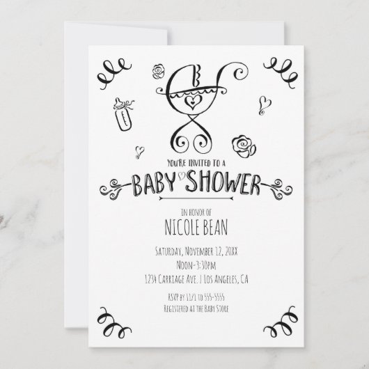 白黒ベビーカーお洒落ベビーシャワー 招待状 (正面)