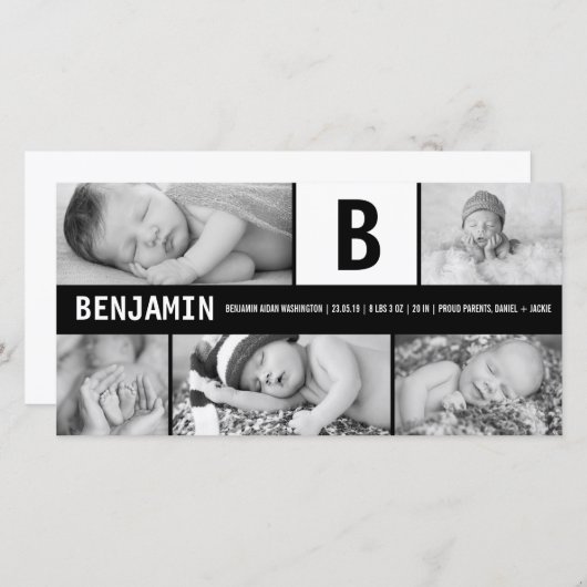 白黒ベビーモノグラム5フォトモダン誕生 案内状 (正面/裏面)