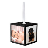 白黒ベビー初めてのクリスマス3写真 キューブオーナメント (裏面アングル)