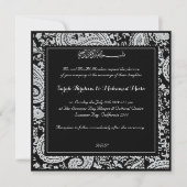 白黒ペイズリーのイスラム教の結婚式 招待状 (正面)