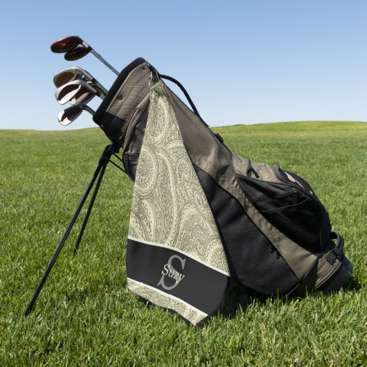 白黒ペイズリーエレガントイニシャルモノグラム ゴルフタオル (グリーン)