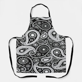白黒ペイズリー模様のプリント エプロン