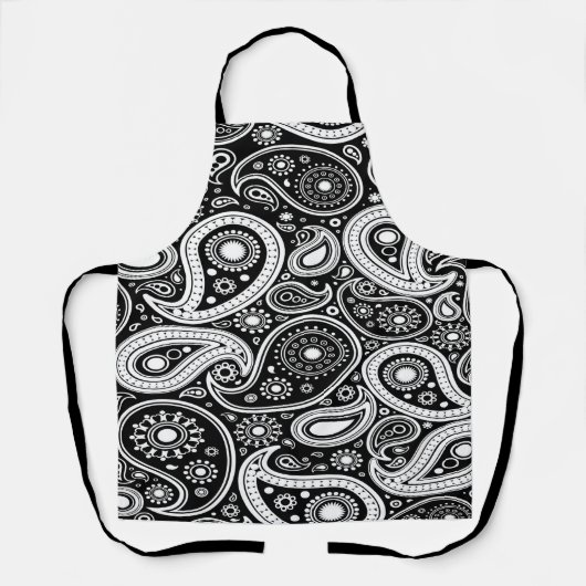 白黒ペイズリー模様のプリント エプロン (正面)
