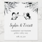 白黒ペンインクバタフライボタニカル ワインラベル (シングルラベル)