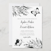 白黒ペンインクバタフライボタニッ結婚クス 招待状 (正面)