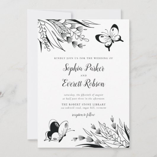 白黒ペンインクバタフライボタニッ結婚クス 招待状 (正面)