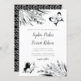 白黒ペンインクバタフライボタニッ結婚クス 招待状