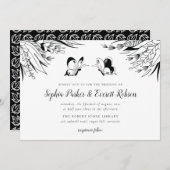 白黒ペンインクバタフライ結婚フローラ 招待状 (正面/裏面)
