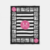 白黒ホットピンクストライプのモノグラム フリースブランケット (正面)